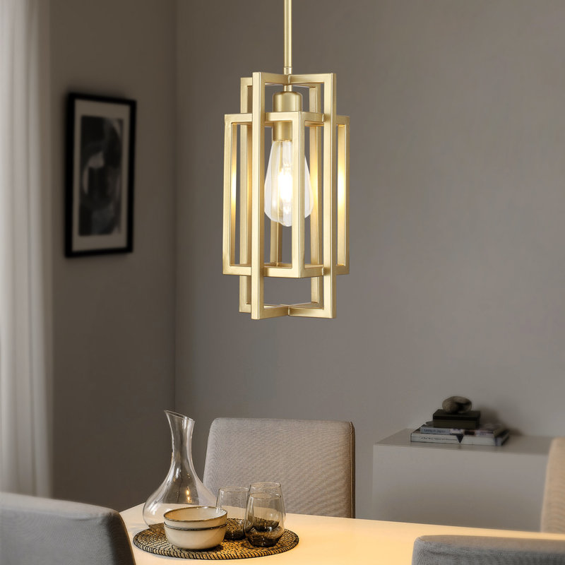 1 - Light 5.51'' Dimmable Black Farmhouse Square/ Rectangle Lantern Geometric Single Pendant Light, Gold