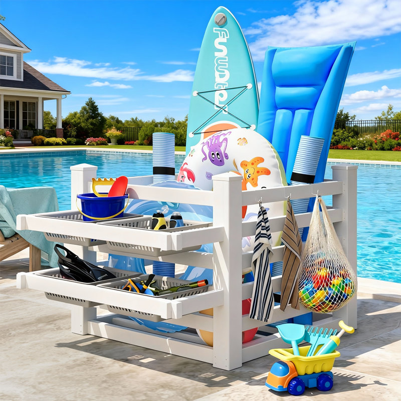 64" W X 46" L X 38" H Pool Storage Organizer With 6 Movable Hooks, Waterproof Outdoor Pool Float Storage Bin For Floats & Accessories