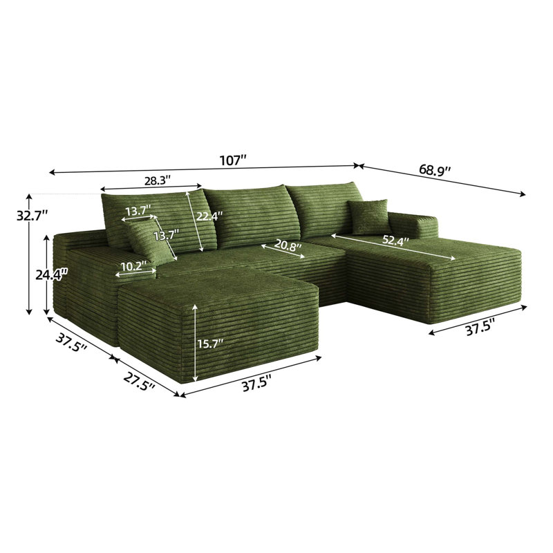 Canapé modulaire Cloud avec repose-pieds, velours côtelé moelleux sans assemblage Cloud, Green Corduroy
