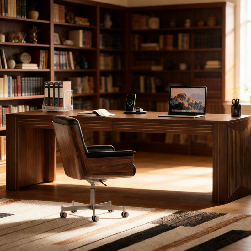 Bureau d'ordinateur de 79 pouces (200,7 cm), design minimaliste, couleur noyer brun, double espace de travail, panneau E0, pieds réglables élégants, grand plateau pour une stabilité optimale.