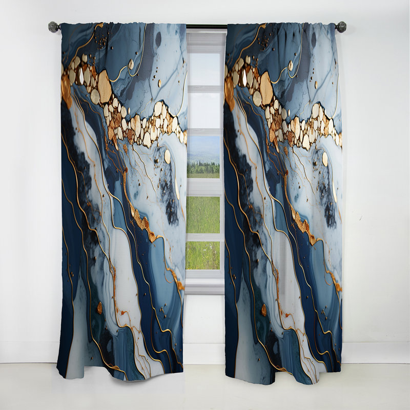Panneau de rideau abstrait, motif de géode bleu doré, occultant - art de géode or et bleu II, L 52 po x L 95 po