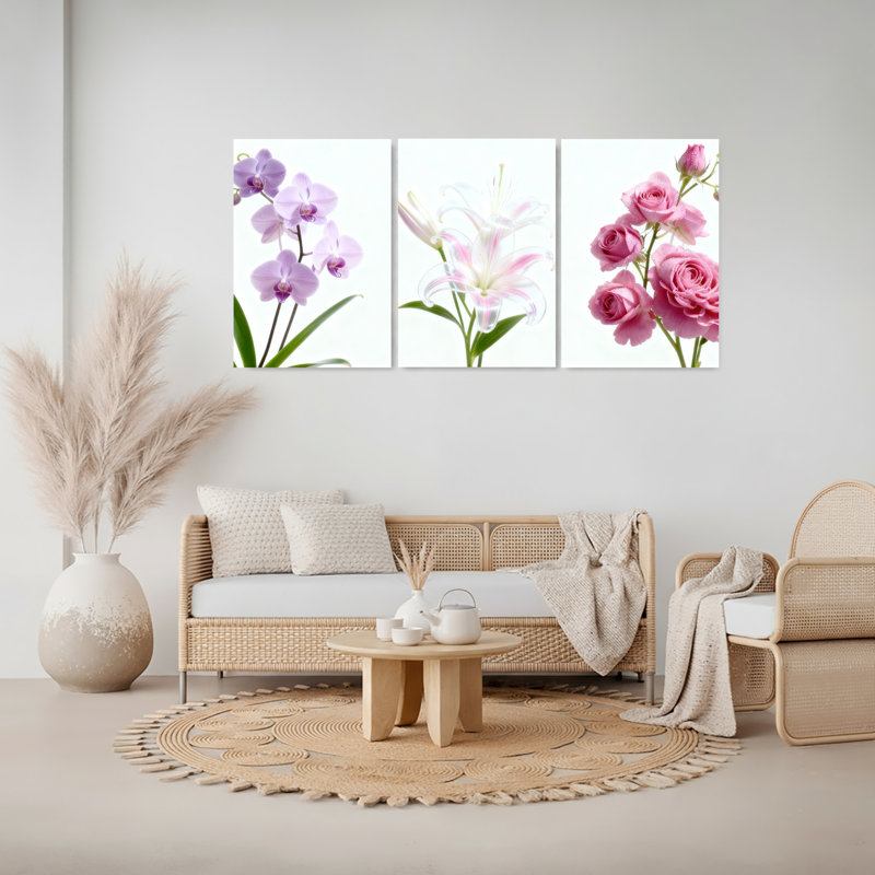 Ensemble de 3 toiles murales à motifs floraux : orchidées, lys et roses, H 18 po x l 36 po