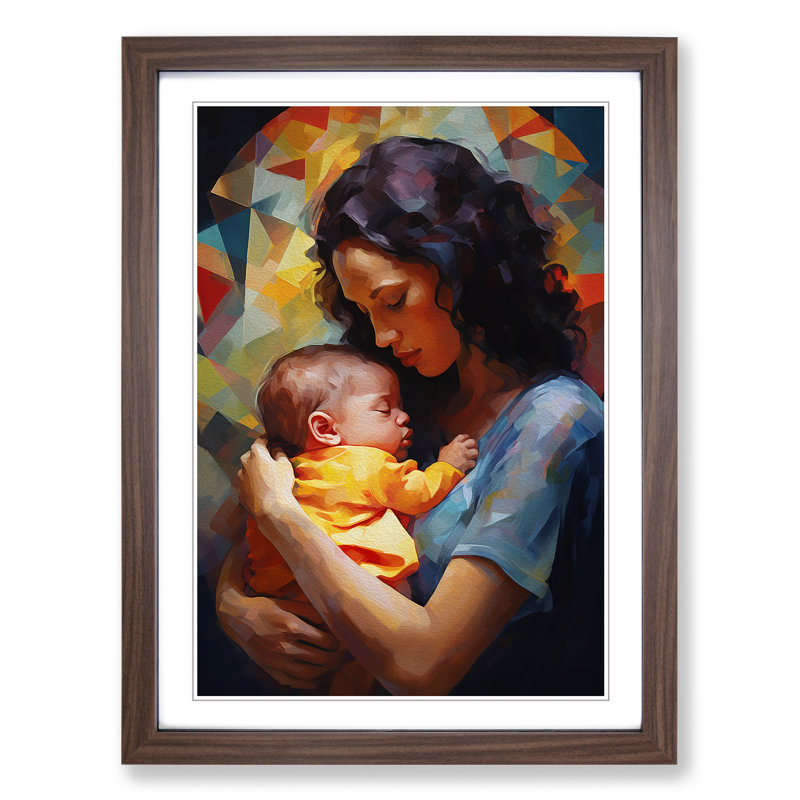 XYZ-FRM-V1223-4565 Mother And Baby Hard Edge Painting - Single Picture Frame Print on Wood, Walnut , 34cm H x 25cm W x 2cm D
