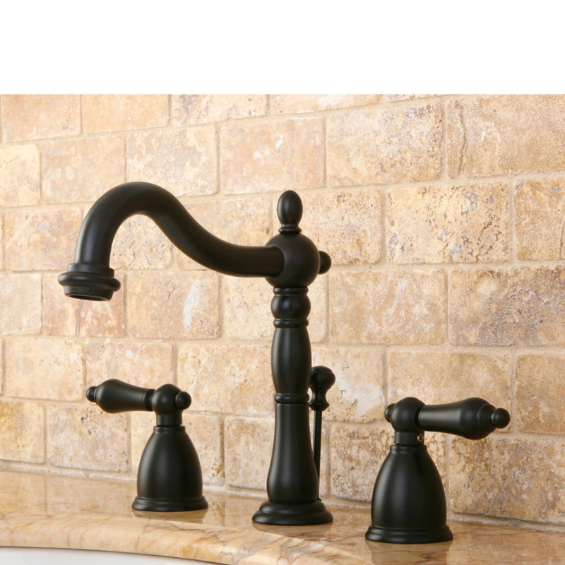 Kingston Brass Heritage Two-Handle 3-Hole Deck Mount Widespread Bathroom Faucet with Pop-Up Drain, Oil Rubbed Bronze