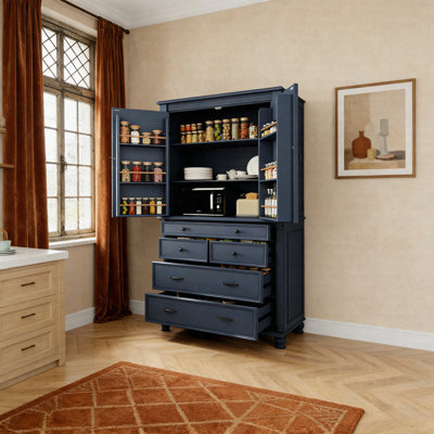 Grande armoire de cuisine autoportante avec tiroirs, grande armoire de rangement avec tablettes de porte et tablettes réglables