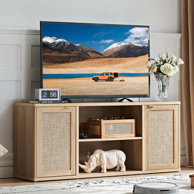 Rattan TV Stands for Living Room, Boho TV Cabinet with Storage and Open Shelf, Rustic Wood Entertainment Center, Media Console for 50-65 Inch TV
