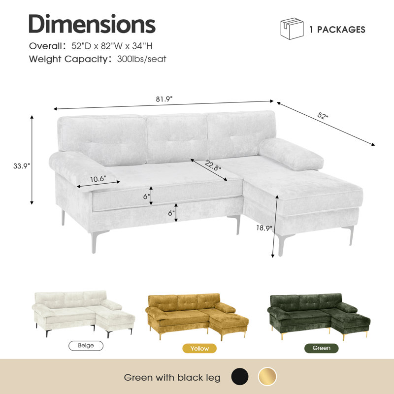 L-Shaped Velvet Reversible Sleeper Sofa, Gold, Green Velvet