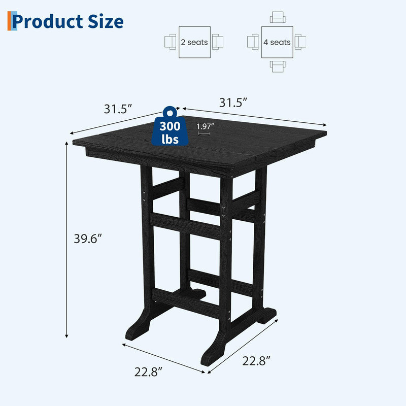 Table de bar 31,5 po carrée en PEHD à grain de bois pour l'extérieur, table de pub H 39,6 po avec trou pour parasol, Black