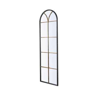 23.5X74.5" Arched Floor Mirror With Black And Gold Windowpane Design