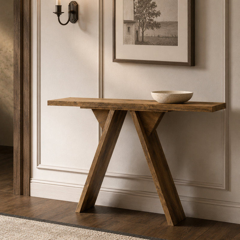 Console Mid-Century avec base en V, Bois naturel, Bois naturel, Bois naturel
