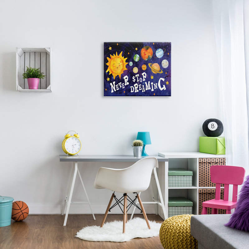 «Never Stop Dreaming Sentiments Happy Face Solar System» par ND Art - Art textuel, Toile tendue, H 24 po x l 30 po