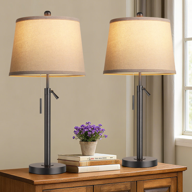 30"Tall Table Lamp Set Of 2,Bedside Lamps For Bedroom Living Room, Height Adjustable Nightstand Lamps With Pull Chain(Bulbs Included), Black
