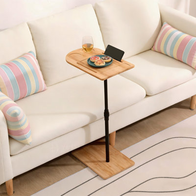 Bamboo C-Shaped Couch Tray Table | Height Adjustable Oval Side Table with Slots, for Sofa, Bed and Chairs in Living Room and Bedroom