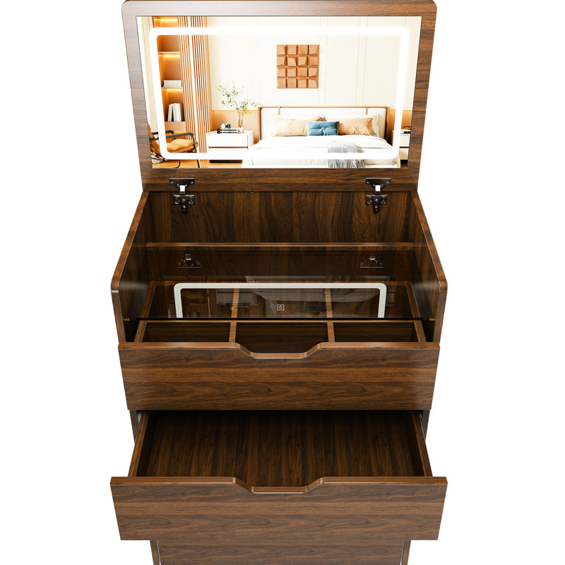 31 coiffeuses avec miroir incassable, lumières à DEL à intensité variable, rangement pour cosmétiques, tabouret confortable, table de maquillage avec finition en noyer et éclairage à 3 températures, caché