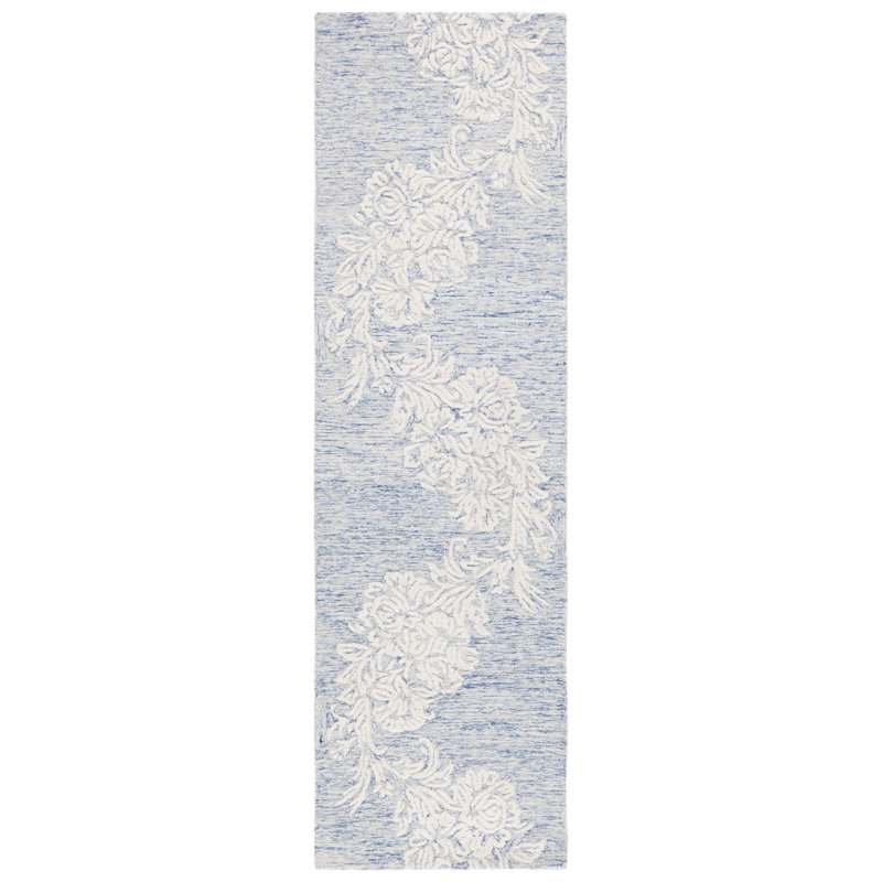 Batholomew Hand Tufted Wool/Cotton with Cotton Backing Floral Rug in Ivory/Blue, Runner 2'3" x 8'
