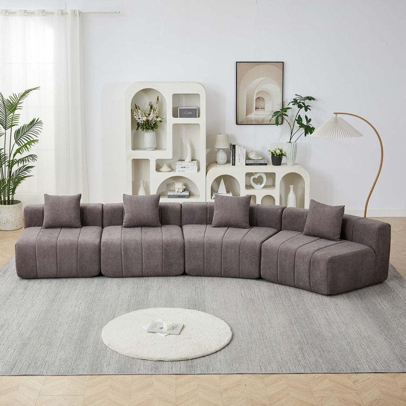 Canapé modulaire courbé en chenille sans assemblage requis, Chenille - gris