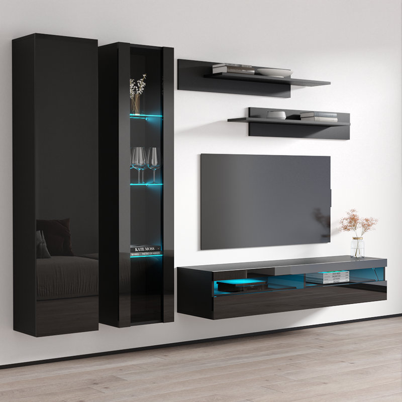 100" Modern Floating Wall Mounted Entertainment Center with 16-Color LED Lighting, High Gloss Finish, Black