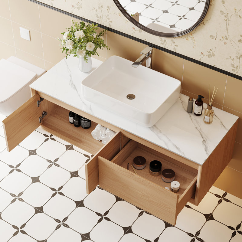 Meuble-lavabo simple 48 po en bois de noyer avec vasque en céramique noire, Chêne clair