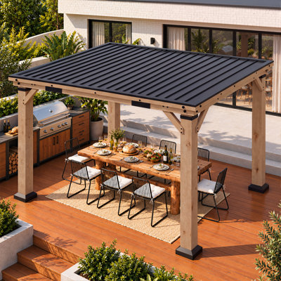 Gazebo de terrasse en cèdre de 3,65 m x 3 m avec toit rigide incliné en acier galvanisé, pavillon extérieur idéal pour les fêtes, les repas, les conversations et les grillades.