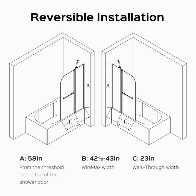 43 In. W * 58 In. H Frameless Folding Shower Doors For Bathtub, Gold