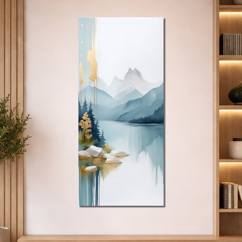 «Blue Gold Alpine Lake Ridge III - Blue Landscape», reproduction d'art sur toile encadrée, H 60 po x l 28 po, Toile tendue
