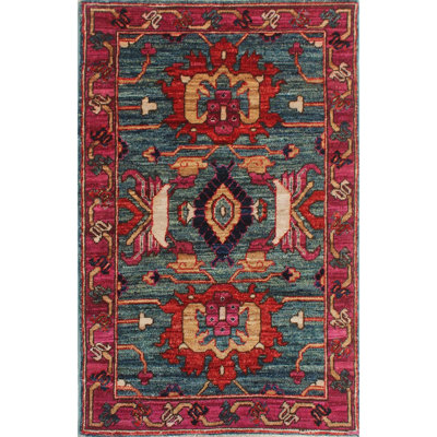 Tapis unique vert / rouge noué à la main de haute qualité