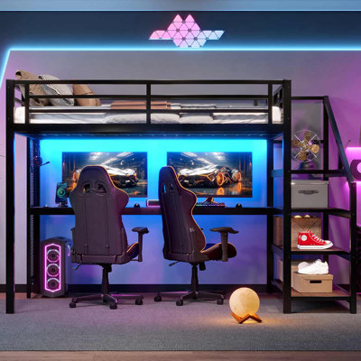 Metal Loft Bed With LED Lights And USB Ports Bed With Multifunctional Iron Nets And Desk No Spring Box Needed by Orren Ellis