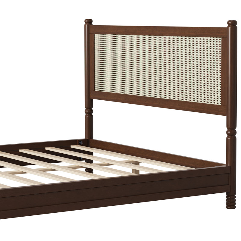 Cadre de lit plateforme en bois de style bohème avec tête et pied de lit en rotin tressé, Queen, Walnut