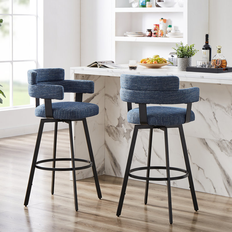 Kassy Swivel Full Back Linen Upholstered Metal Bar and Counter Stool, Blue, Bar Stool (30" Seat Height)