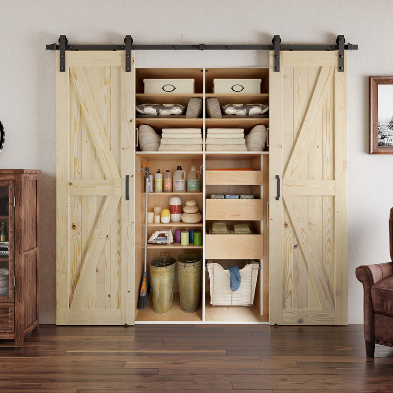 Paneled Solid Wood Unfinished Double Barn Doors with Installation Hardware Kit, 72" x 80"