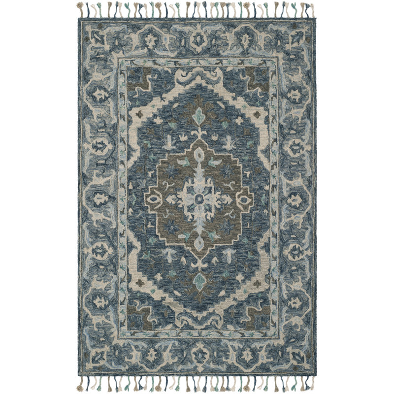 Vahakn Hand-Tufted Wool Dark Blue Area Rug, Rectangle 9' x 12'