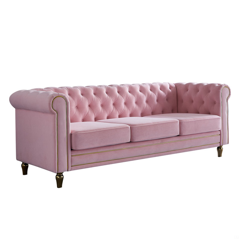 Chesterfield Velvet Sofa 84.65 Inch For Living Room PINK Color
