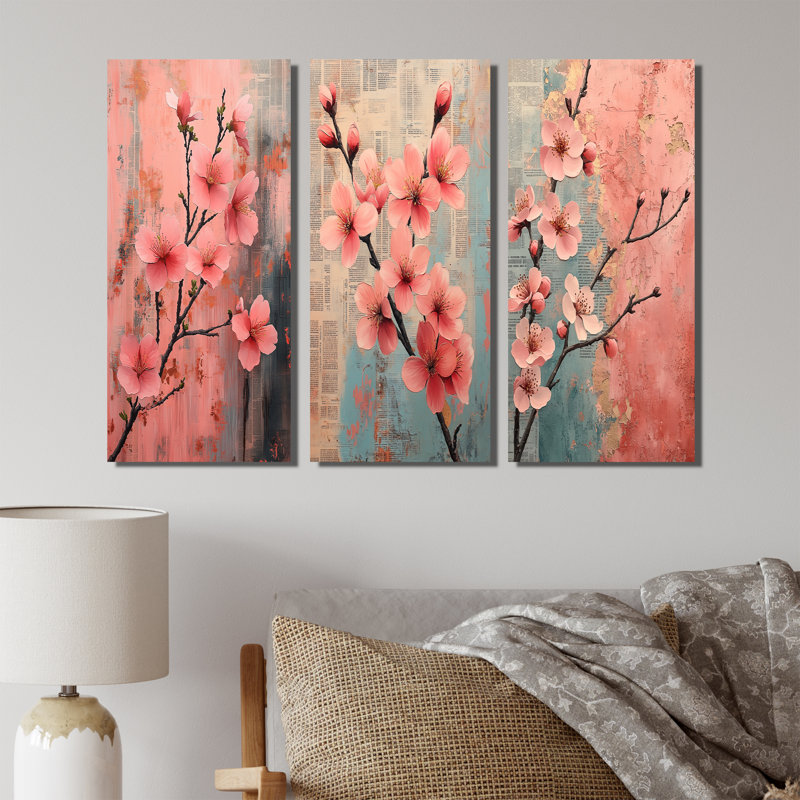 «Rose and Blue Cherry Blossom Spring Awakening I», collection d'art mural cerisier en fleurs, Toile tendue, H 28 po x l 36 po