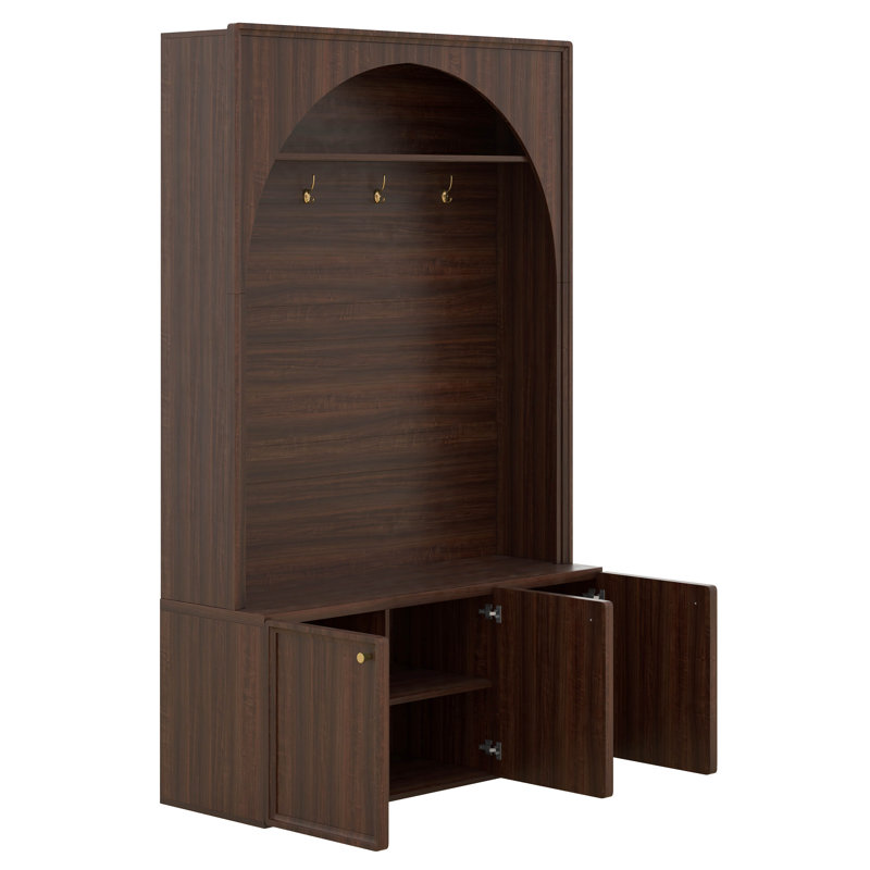 Entryway Hall Tree With Storage Bench, Adjustable Shelves, Arched Coat Rack With 4 Golden Hooks And 3 Cabinets, Walnut