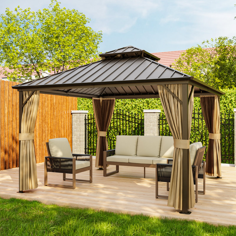 Hardtop Double Roof Aluminum Patio Gazebo with Netting & Curtains, 120" H x 144" W x 144" D