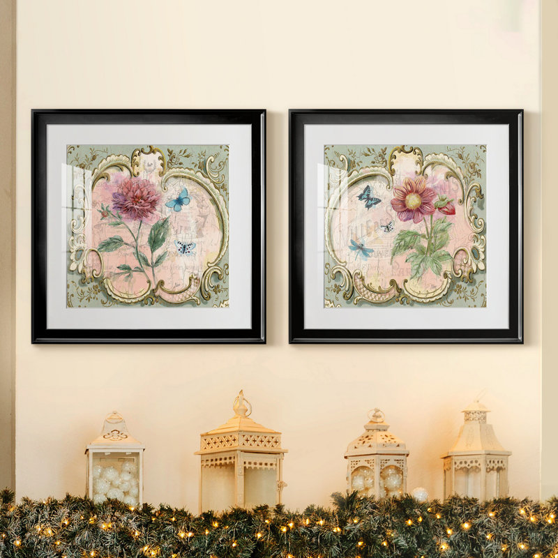 «Classical Flower I», ensemble de 2 reproductions d'art encadrées, H 17,5 po x l 35 po x P 1,5 po, Papier encadré noir, Blanc