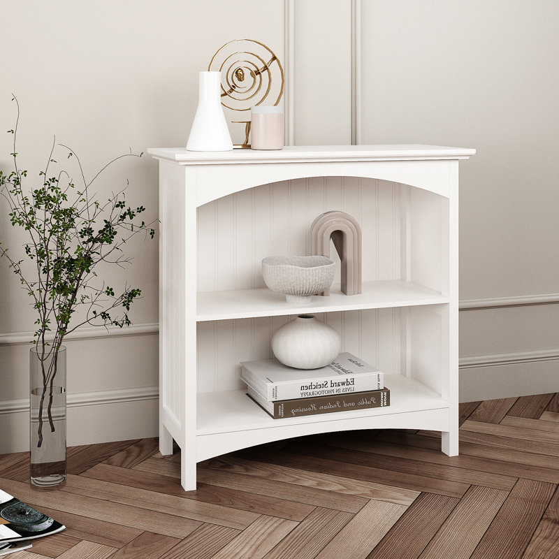 Bibliothèque H 29 po x l 29,5 po en bois à 2 niveaux avec support arqué, rangement et bibliothèque pour le bureau personnel et le salon, blanc