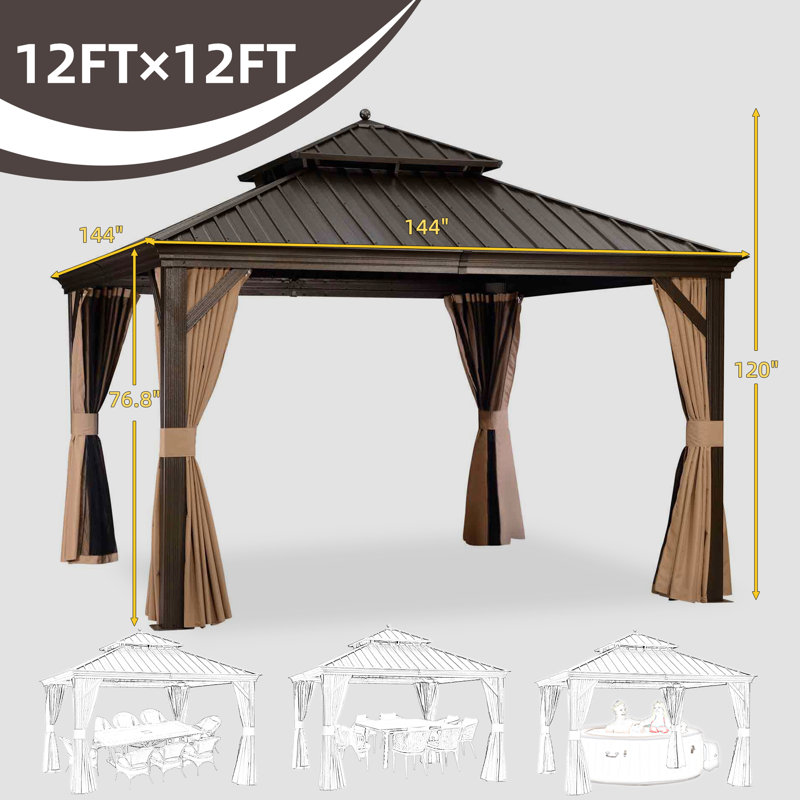 Metal Patio Gazebo with 48 Ft String Lights, 12 ft x 12 ft