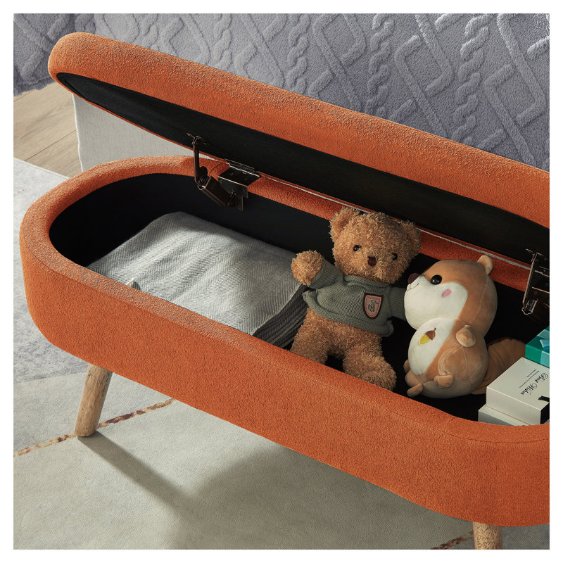 Banc de repose-pieds ovale avec rangement en bois avec pieds en bois et repose-pieds rembourré orange