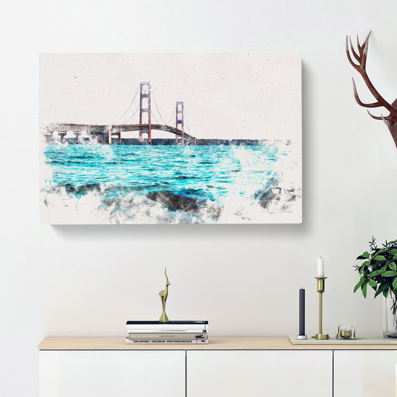 Mackinac Bridge in Michigan Watercolour - Wrapped Canvas, 50cm H x 76cm W x 3cm D