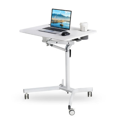 Mobile Sit Stand Desk - Height Adjustable Standing Laptop Desk Cart Rolling Couch Table On Wheels White Workstation With Gas Spring Riser For Home Office Classroom