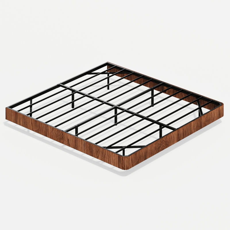 Floating Bed Frame Of King Dimensions With Walnut - Colored Finish And Led Lights For Decoration, Wave Formed Wood Texture, Metal Slats Support, No Box Spring Setup, Invisible Suspension Design