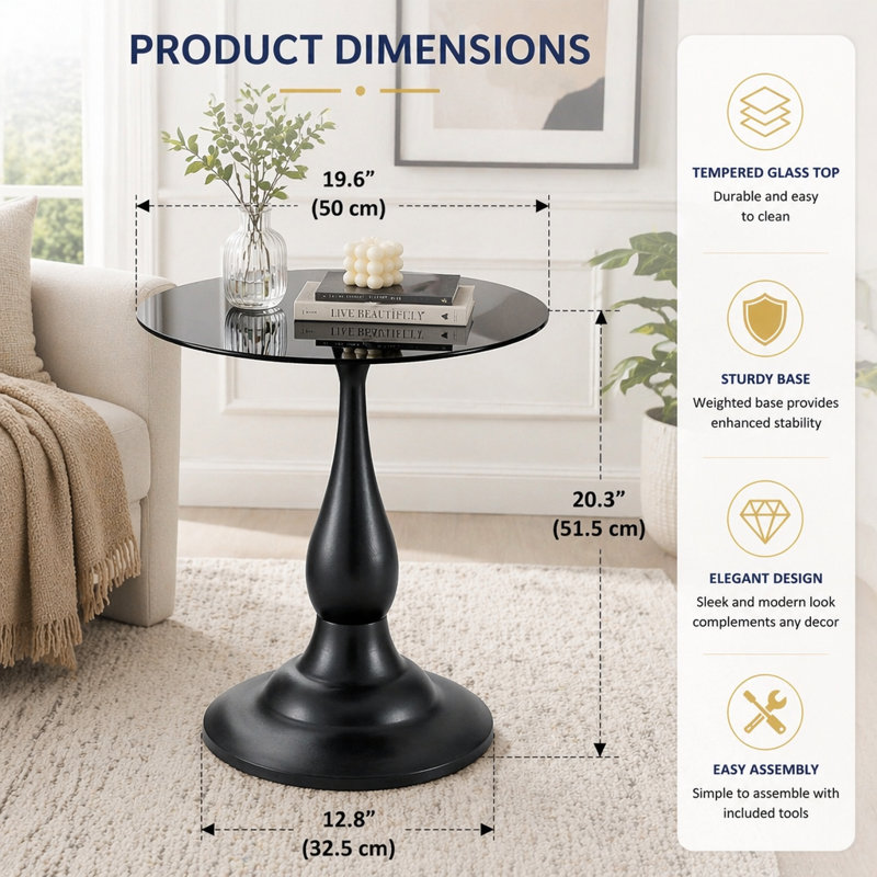 Table de bout ronde 19,6 pouces, Noir, gris