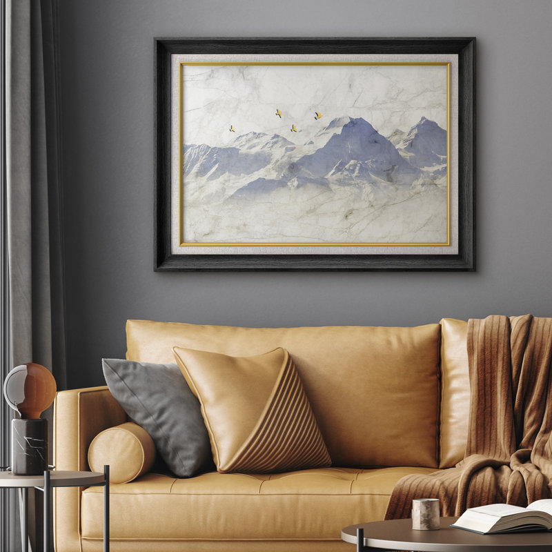 Illustration minimale d'oiseaux de montagne bleu, images de chambre à coucher, impression sur toile encadrée, impression numérique.
