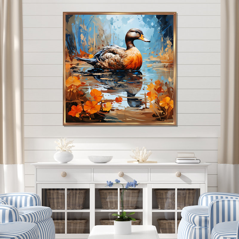 «Brown Duck In Pond II», art mural canard, Cadre flottant doré, 30" H x 30" W