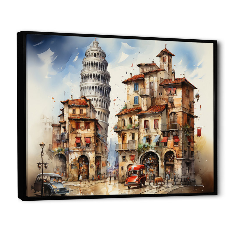Italy Leaning Tower Magic - Italy Canvas Art Print, Cadre flottant noir, H 30 po x l 40 po x P 1,5 po