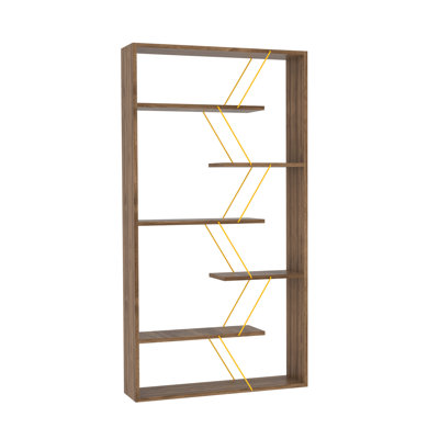Bibliothèque noyer / jaune avec 6 tablettes - Bureau en bois massif moderne pour le bureau à 6 tablettes moderne