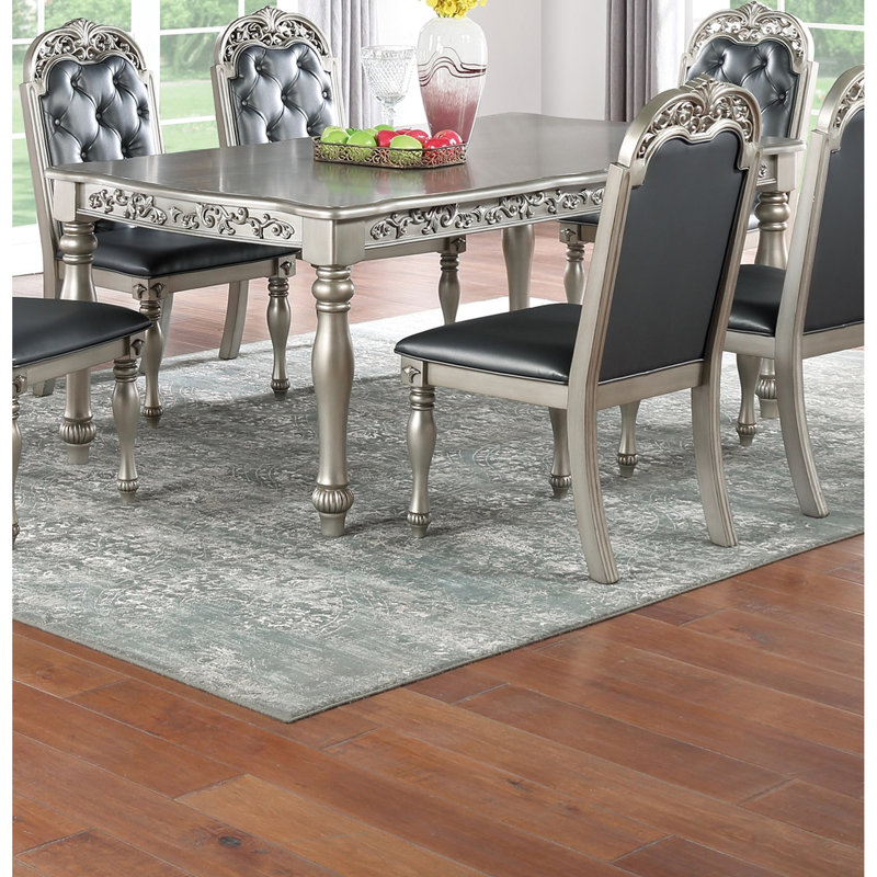 7 pièces de salle à manger classique: table rectangulaire avec 6 chaises rembourrées, argent / gris, finition en bois d'hévéa de style rétro argent / gris et chaises d'appoint