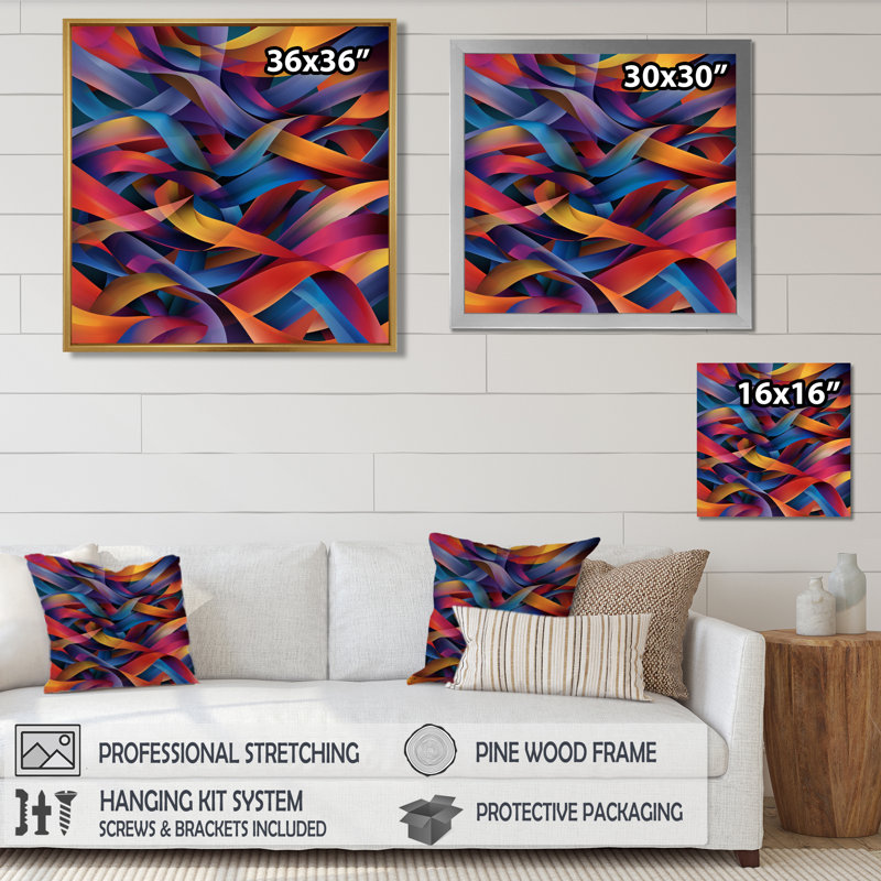 «Retro Warmness Colorful Paths Crossing - Waves», art mural, H 16 po x l 16 po, Cadre flottant brun