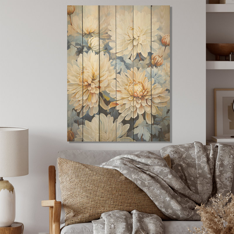 Minimalisme Blooming Mums, peinture en bleu et or I - Mums, art sur bois de pin naturel, H 40 po x l 30 po